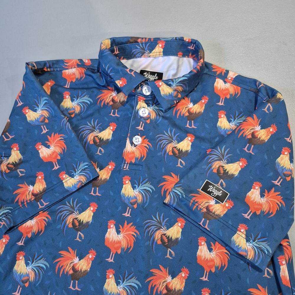Waggle Shirt Youth Boys Medium Blue Rooster Golf Polo Performance Stretch